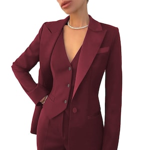 Traje de pantalón burdeos para mujer, traje de tres piezas, conjunto de traje de boda, trajes de pantalón elegantes para mujer, ropa formal para mujer, traje, 