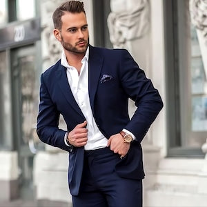 Traje de hombre de 2 piezas azul marino, traje de fiesta de boda, traje de graduación, traje de novio de corte entallado, trajes de cena 
