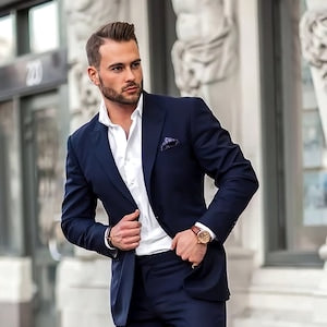 Traje de hombre de 2 piezas azul marino, traje de fiesta de boda, traje de graduación, traje de novio de corte entallado, trajes de cena 