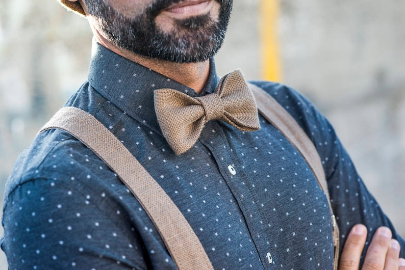 Conjunto de tirantes para traje de adulto, tirantes de boda para novio y pajarita de traje, tirantes de lino puro para hombre 