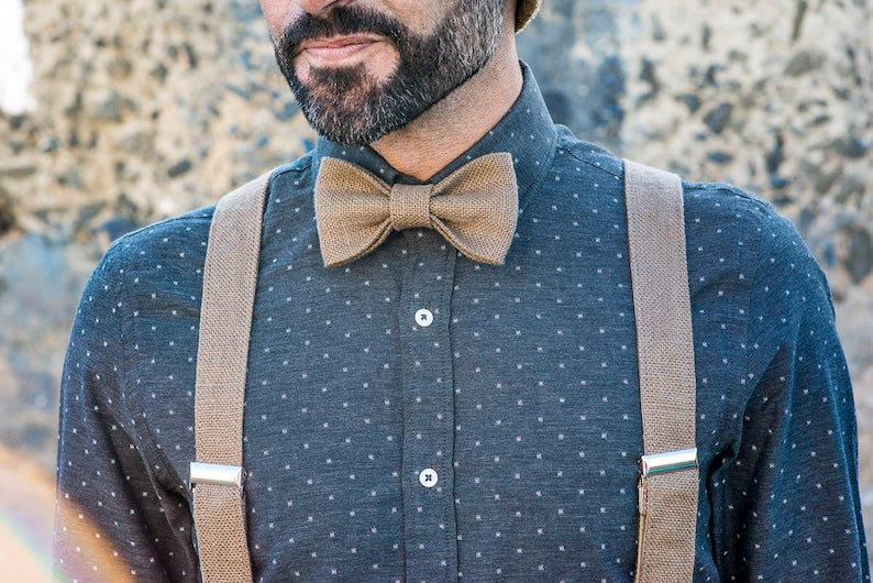 Conjunto de tirantes para traje de adulto, tirantes de boda para novio y pajarita de traje, tirantes de lino puro para hombre 