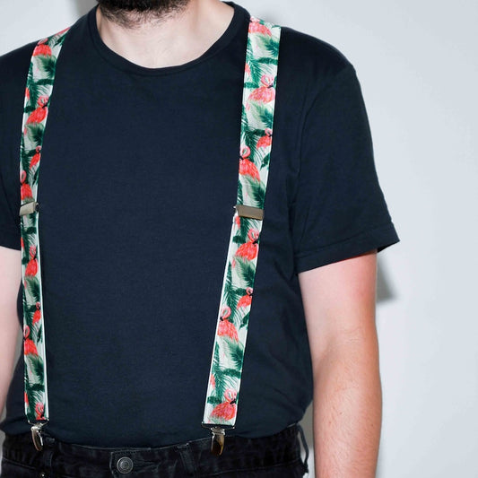 Men Suspender // Braces for Men // Tropical Flamingo Trouser Braces with Satin Finish // Pool Party // Handmade Trouser Suspenders