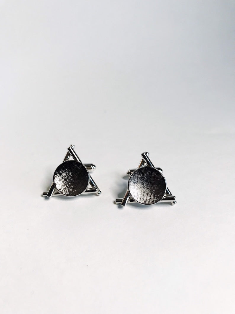 Gemelos triangulares de plata vintage de los años 80, gemelos circulares para camisa de hombre, gemelos geométricos de boda de los años 80 