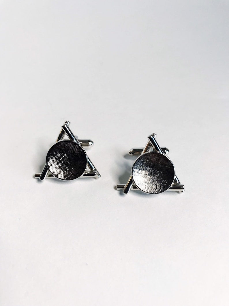 Gemelos triangulares de plata vintage de los años 80, gemelos circulares para camisa de hombre, gemelos geométricos de boda de los años 80 