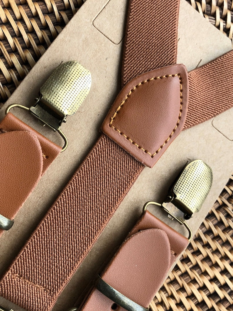 Men's, Women's & Boys' Cognac Brown Leather Suspenders for Rustic Wedding, Groomsmen & Ring Bearer