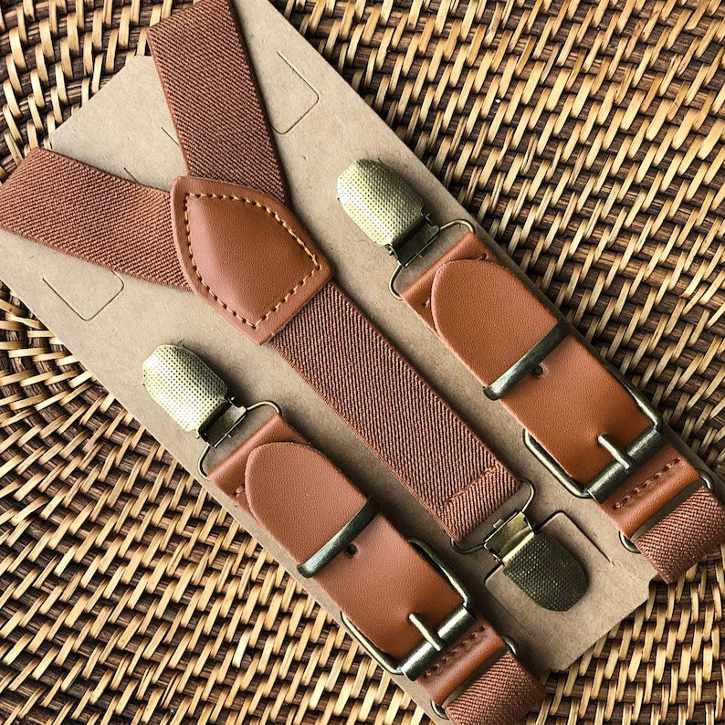 Men's, Women's & Boys' Cognac Brown Leather Suspenders for Rustic Wedding, Groomsmen & Ring Bearer