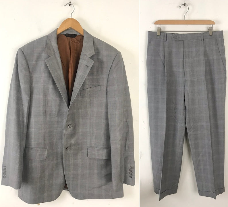 90s Jos A Bank Light Gray Plaid Two Piece Suit Men