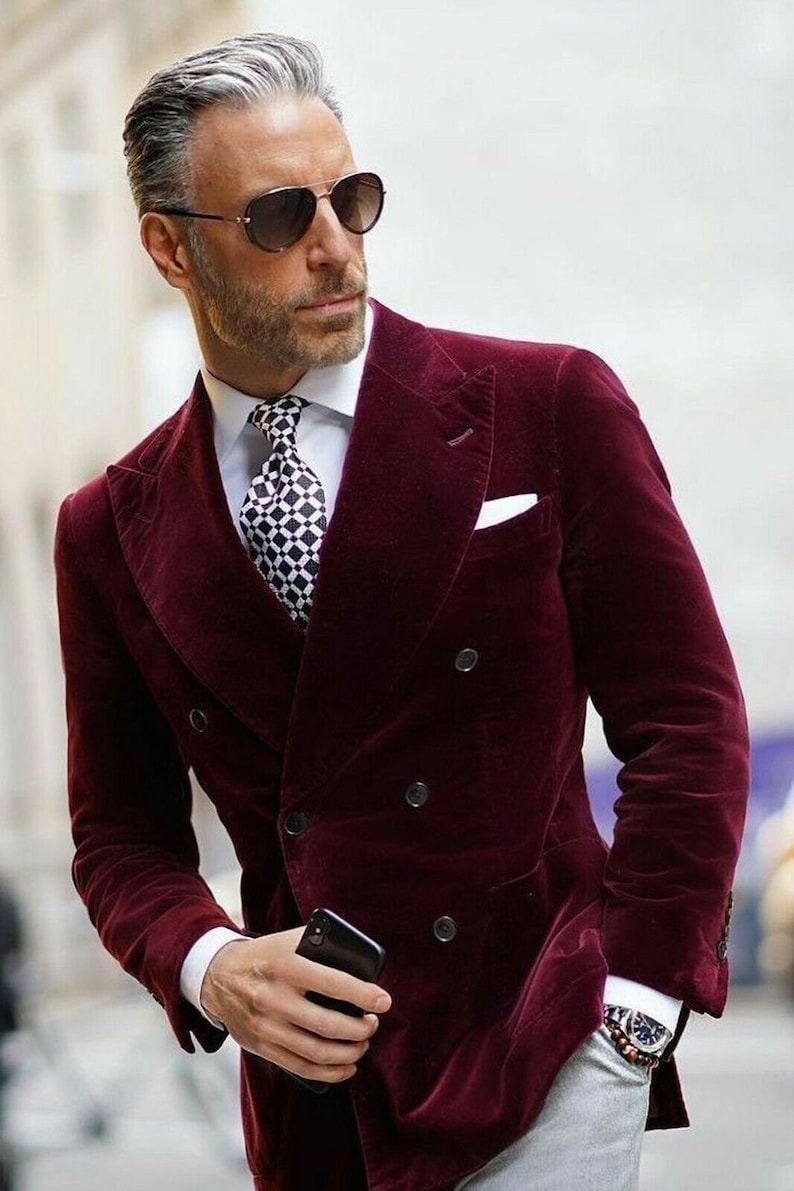 Men's Double Breasted Velvet Blazer Burgundy Velvet Dinner Jacket Coat Smoking Jacket