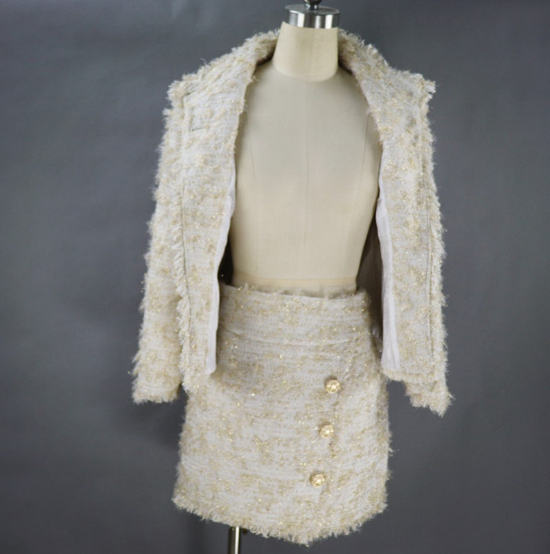 Women's Wool Tweed Skirt Suit with Gold Buttons for Winter Wedding, Graduation & Formal Events