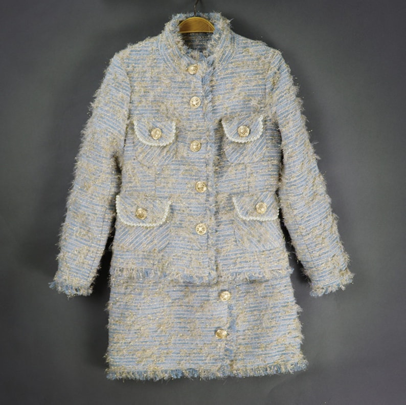 Women's Wool Tweed Skirt Suit with Gold Buttons for Winter Wedding, Graduation & Formal Events