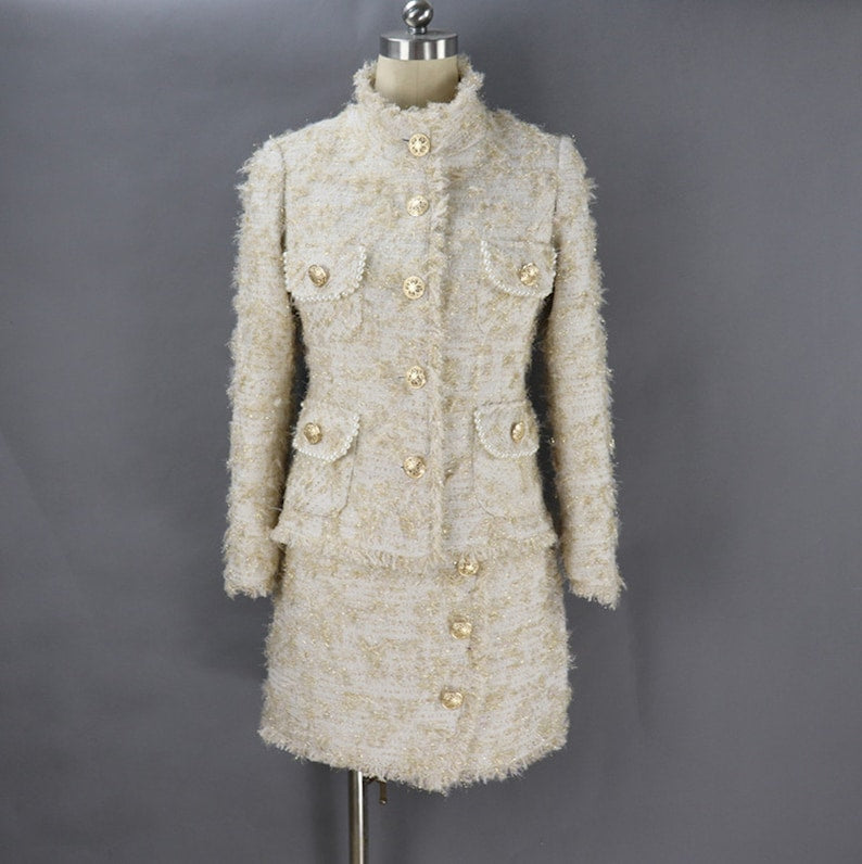 Women's Wool Tweed Skirt Suit with Gold Buttons for Winter Wedding, Graduation & Formal Events