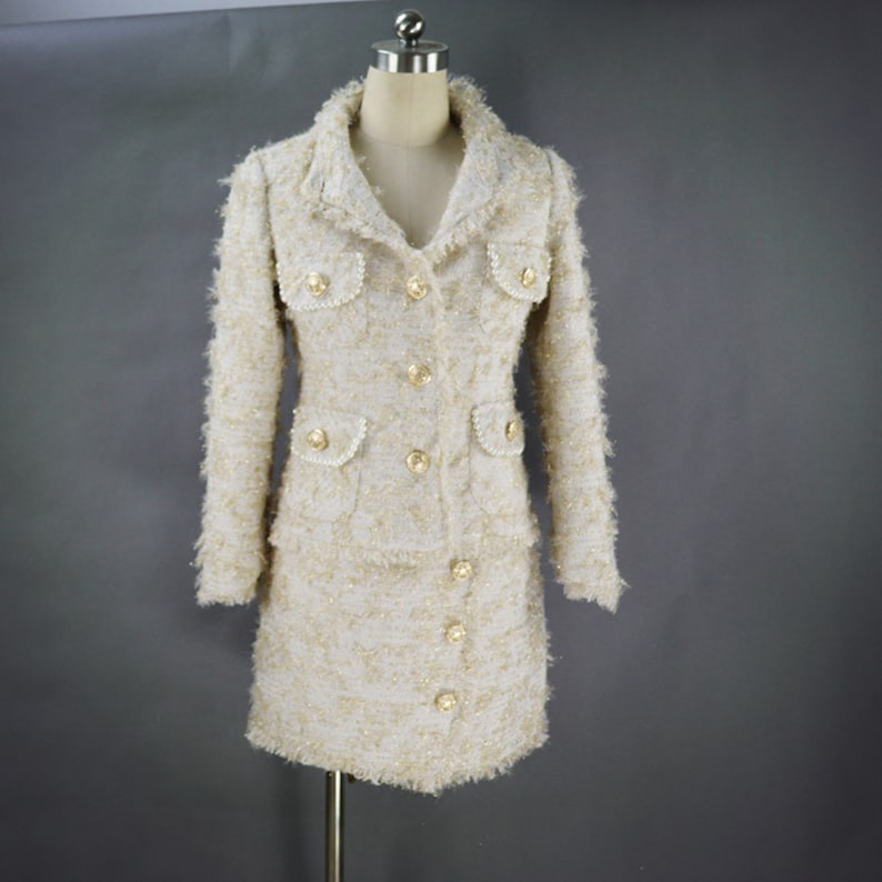 Tailleur jupe en tweed de laine sur mesure pour femme, avec poches et boutons dorés, pour mariage d'hiver, cérémonie de remise de diplôme, tenue chaude, discours, événement officiel 