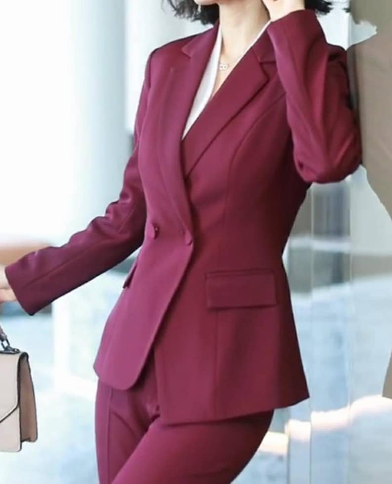 Trajes de pantalón burdeos de dos piezas para mujer, conjunto de pantalón y blazer color vino tinto para mujer, abrigos para mujer, trajes formales de oficina, trajes de boda 