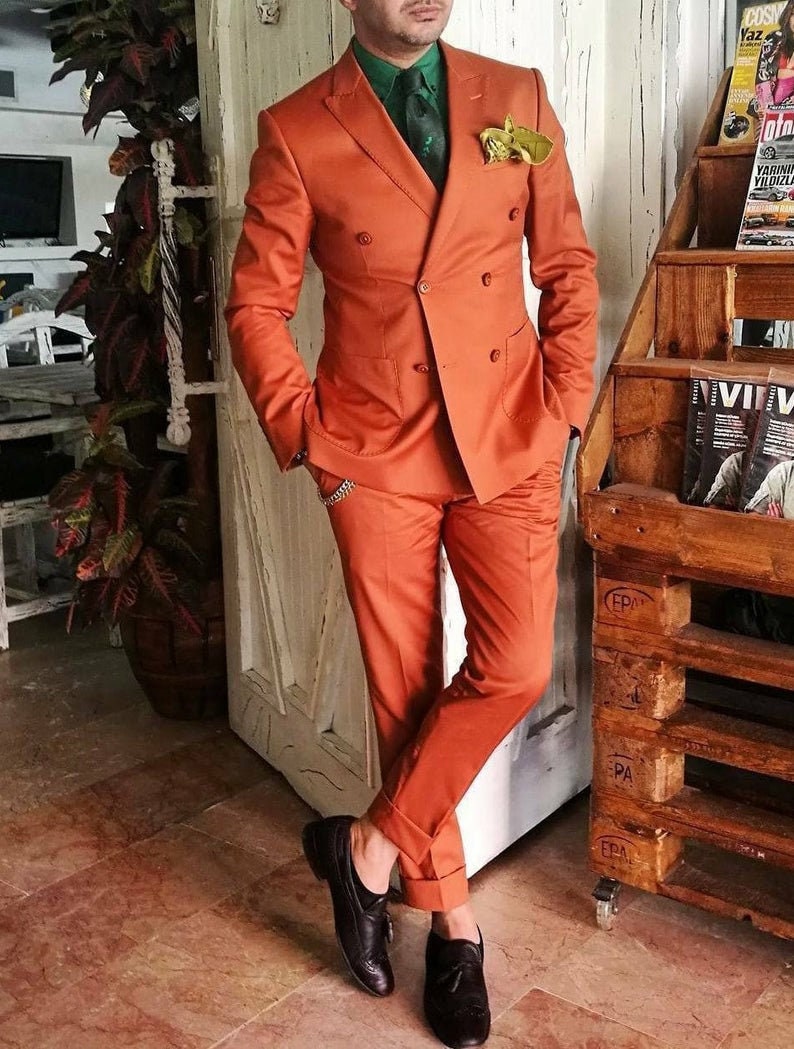 Costume 2 pièces croisé orange pour homme, tenue de soirée, costume de bal de fin d'année 