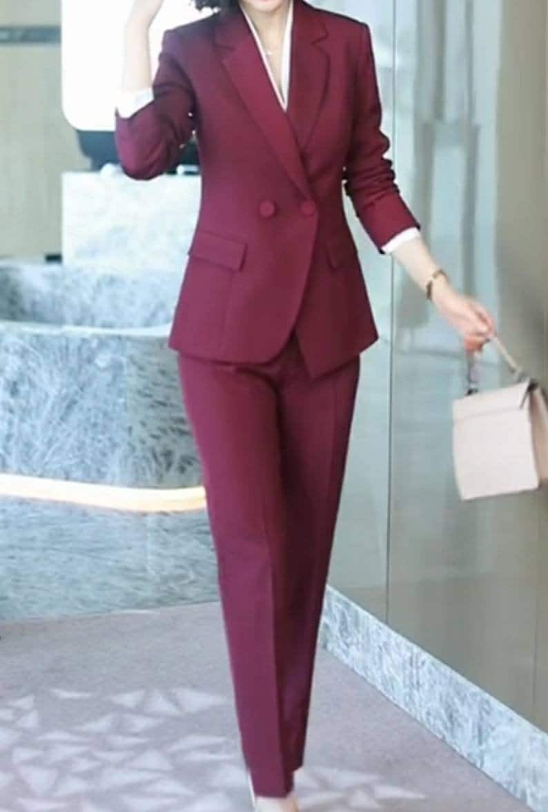 Trajes de pantalón burdeos de dos piezas para mujer, conjunto de pantalón y blazer color vino tinto para mujer, abrigos para mujer, trajes formales de oficina, trajes de boda 