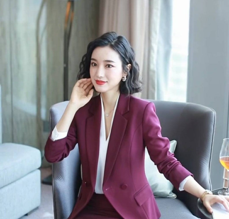Trajes de pantalón burdeos de dos piezas para mujer, conjunto de pantalón y blazer color vino tinto para mujer, abrigos para mujer, trajes formales de oficina, trajes de boda 