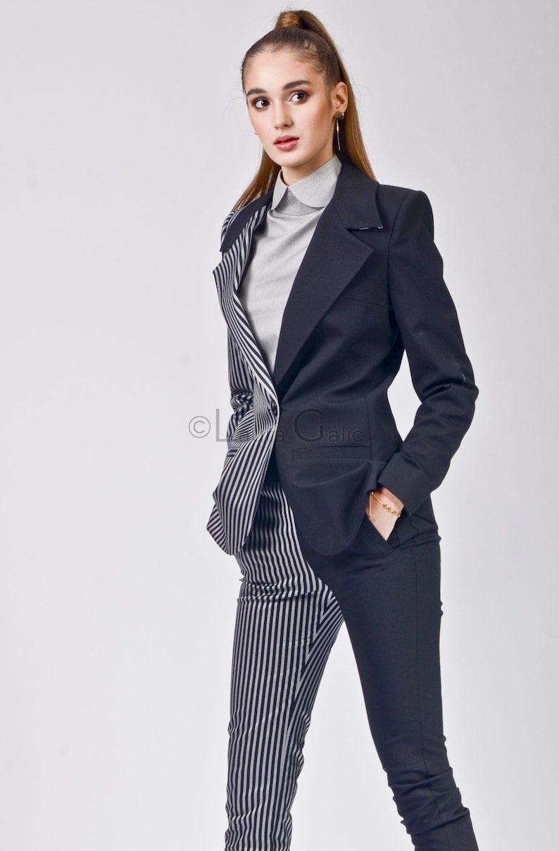 Costume 2 pièces pour femme de bureau avec pantalon moulant, bicolore, veste blazer à boutonnage simple 2 pièces double 
