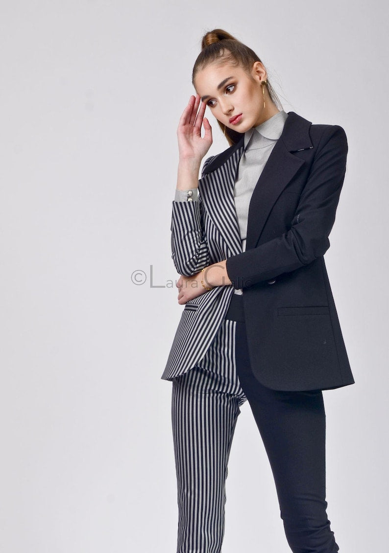 Costume 2 pièces pour femme de bureau avec pantalon moulant, bicolore, veste blazer à boutonnage simple 2 pièces double 