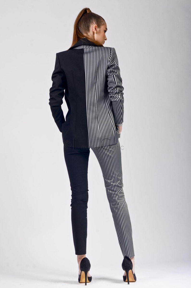 Costume 2 pièces pour femme de bureau avec pantalon moulant, bicolore, veste blazer à boutonnage simple 2 pièces double 