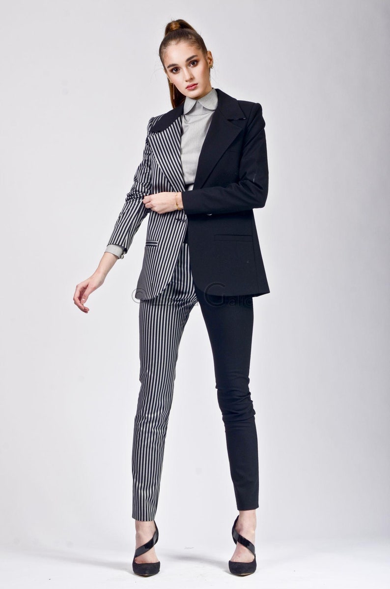 Costume 2 pièces pour femme de bureau avec pantalon moulant, bicolore, veste blazer à boutonnage simple 2 pièces double 