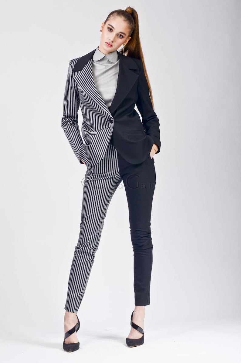Costume 2 pièces pour femme de bureau avec pantalon moulant, bicolore, veste blazer à boutonnage simple 2 pièces double 