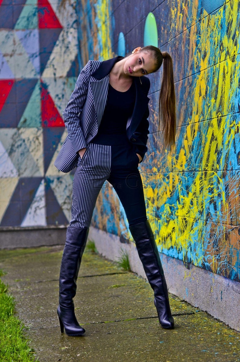 Costume 2 pièces pour femme de bureau avec pantalon moulant, bicolore, veste blazer à boutonnage simple 2 pièces double 