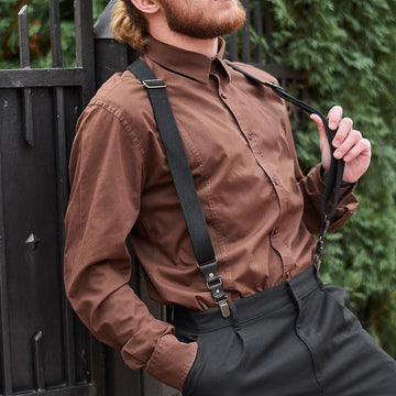 Black Suspenders Vintage Wedding Suit Accessories Leather Part Suspenders for Men Gift Idea