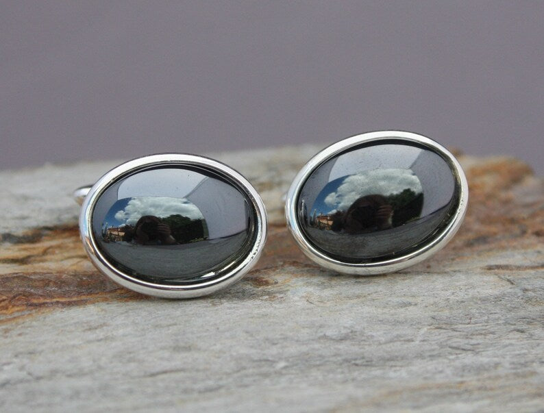 18x13mm Haematite Cuff Links, Monochrome Suit Accessory