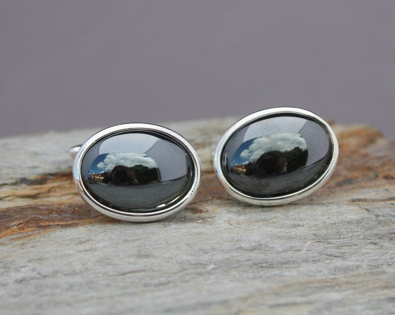 18x13mm Haematite Cuff Links, Monochrome Suit Accessory