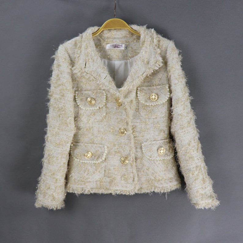 Women's Wool Tweed Skirt Suit with Gold Buttons for Winter Wedding, Graduation & Formal Events