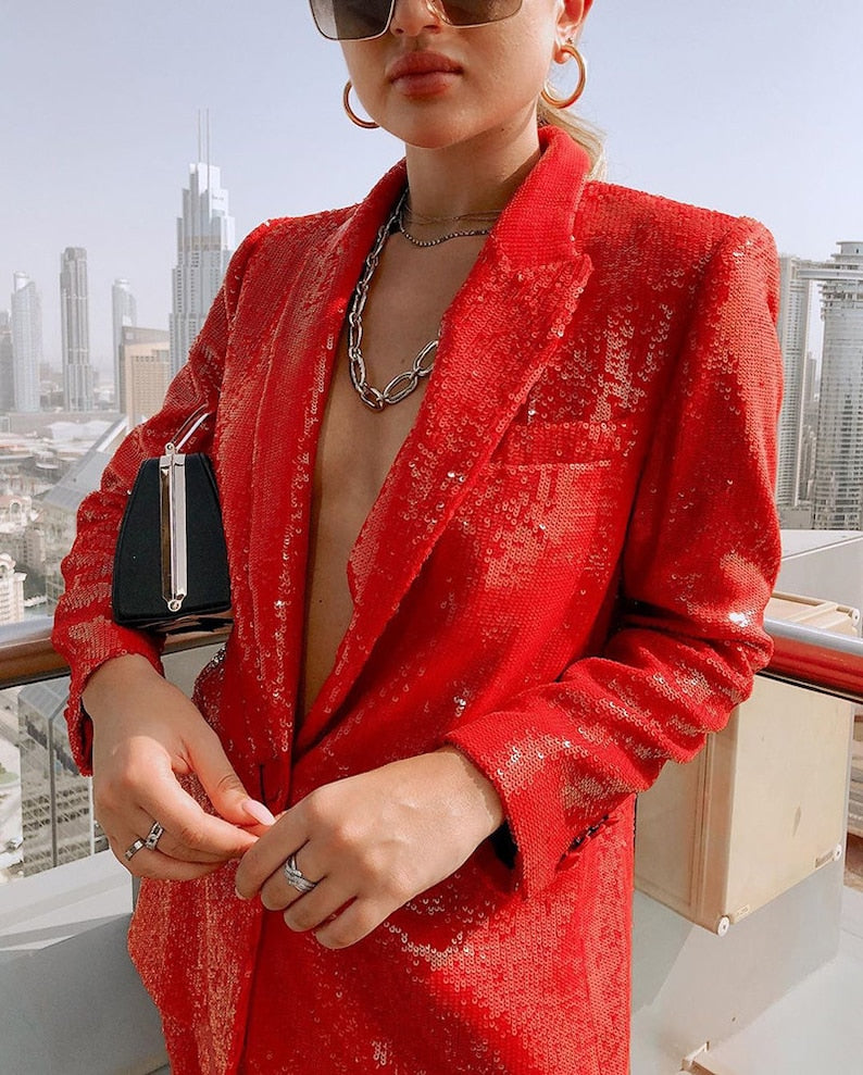Traje de pantalón con lentejuelas rojas para mujer, conjunto de chaqueta y pantalón, informal, formal y de fiesta.