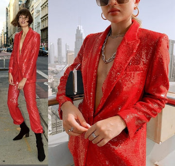 Traje de pantalón con lentejuelas rojas para mujer, conjunto de chaqueta y pantalón, informal, formal y de fiesta.