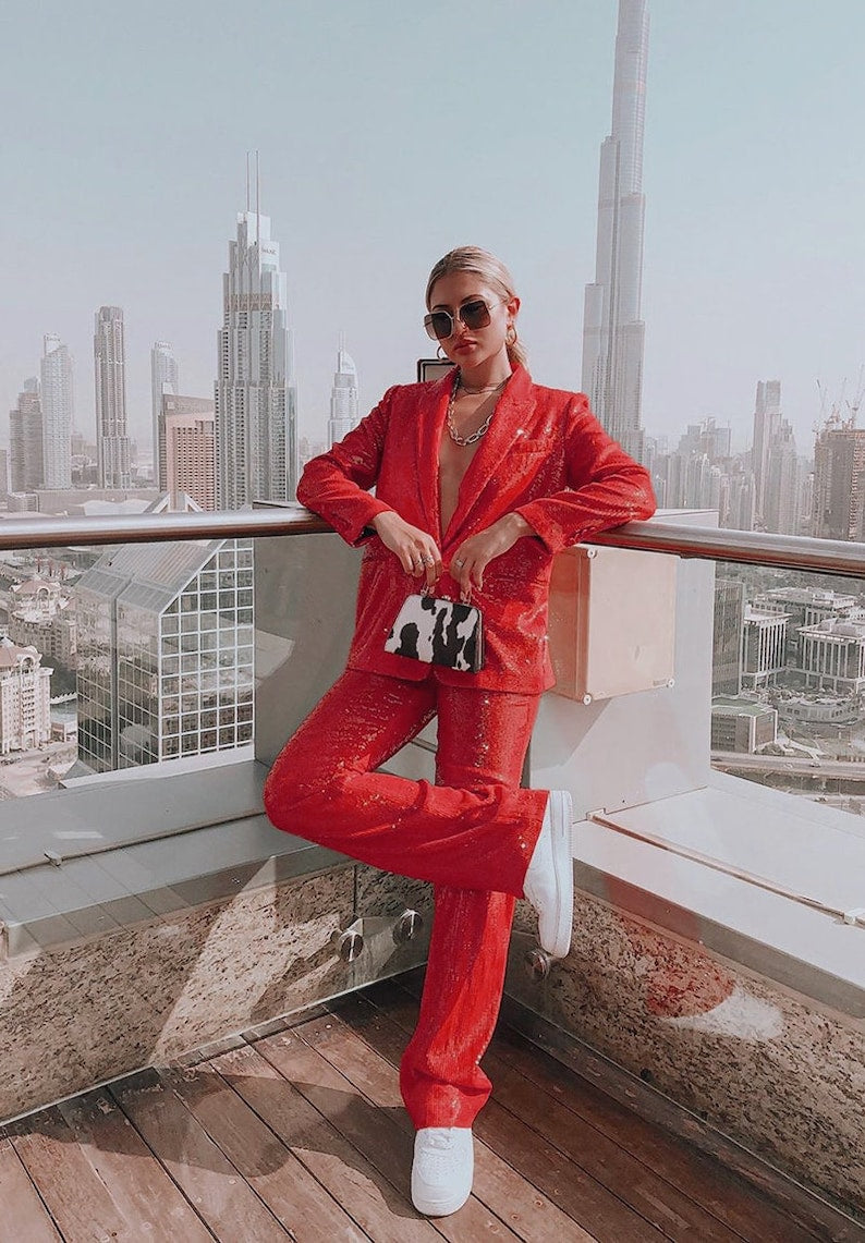 Traje de pantalón con lentejuelas rojas para mujer, conjunto de chaqueta y pantalón, informal, formal y de fiesta.