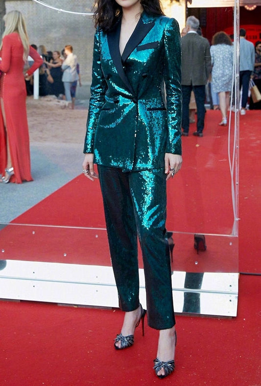 Green Sequin Pantsuit, Designer Woman Suit Jacket + Pants Shiny Slim Cut