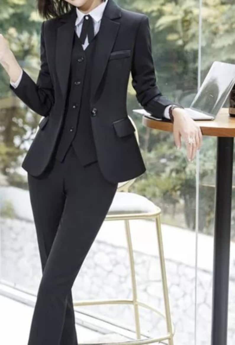 Traje negro de 3 piezas con blazer, chaleco y pantalón, trajes formales negros a medida, trajes de boda 