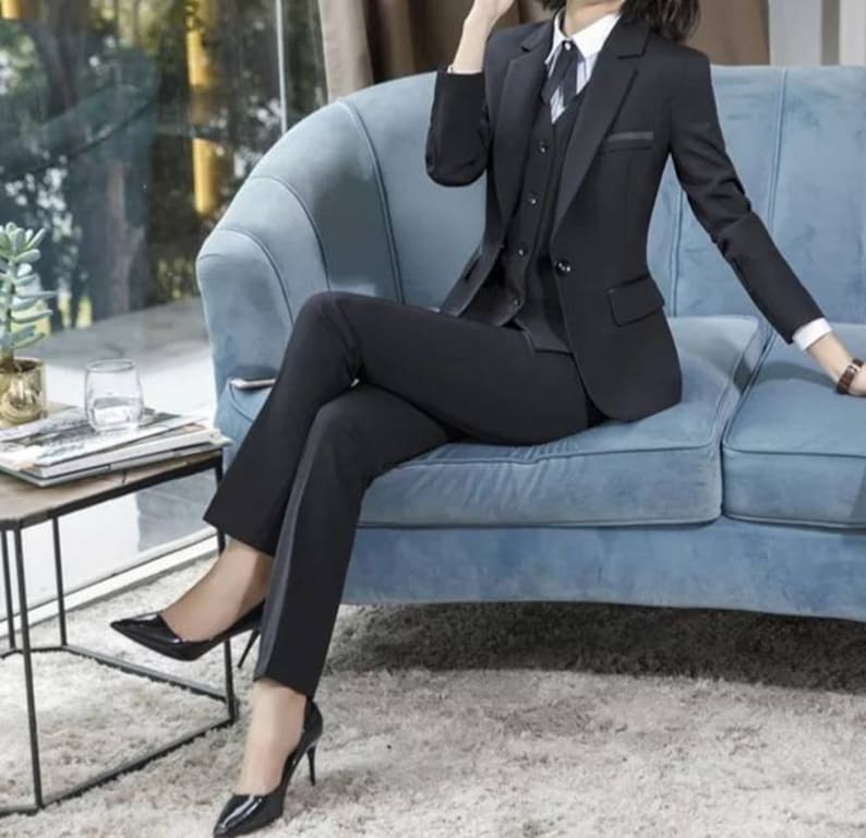 Traje negro de 3 piezas con blazer, chaleco y pantalón, trajes formales negros a medida, trajes de boda 