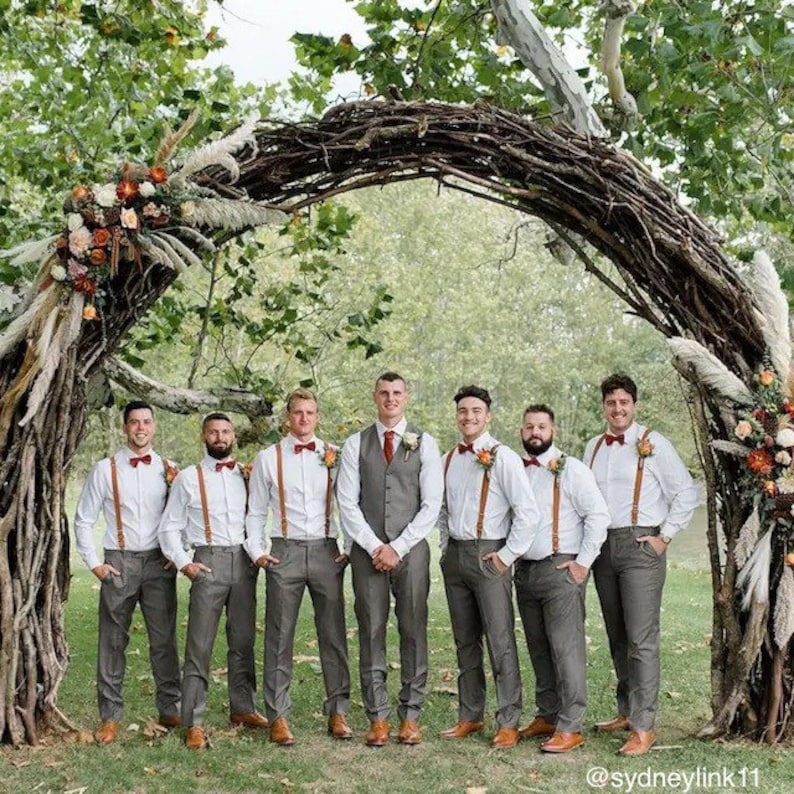 Men's, Women's & Boys' Cognac Brown Leather Suspenders for Rustic Wedding, Groomsmen & Ring Bearer