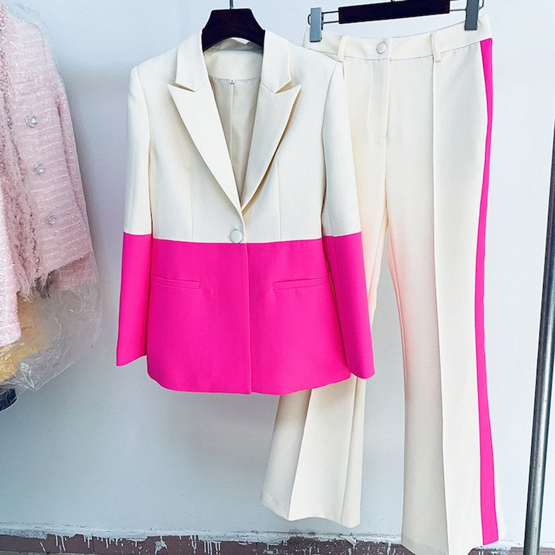 Women Colour-Blocked Hot Pink Light Beige Fitted Blazer + Mid-High Rise Slim Fit Flare Pantsuit Office Suit Formal Suit Matching Set