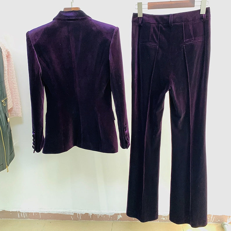 Women Velvet Brown Green Purple Blazer + Mid-High Rise Flare Trousers Pants Suit, Wedding Suit, Graduation, Speech Day, Birthday Party