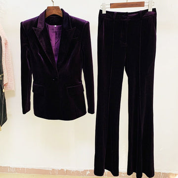 Women Velvet Brown Green Purple Blazer + Mid-High Rise Flare Trousers Pants Suit, Wedding Suit, Graduation, Speech Day, Birthday Party