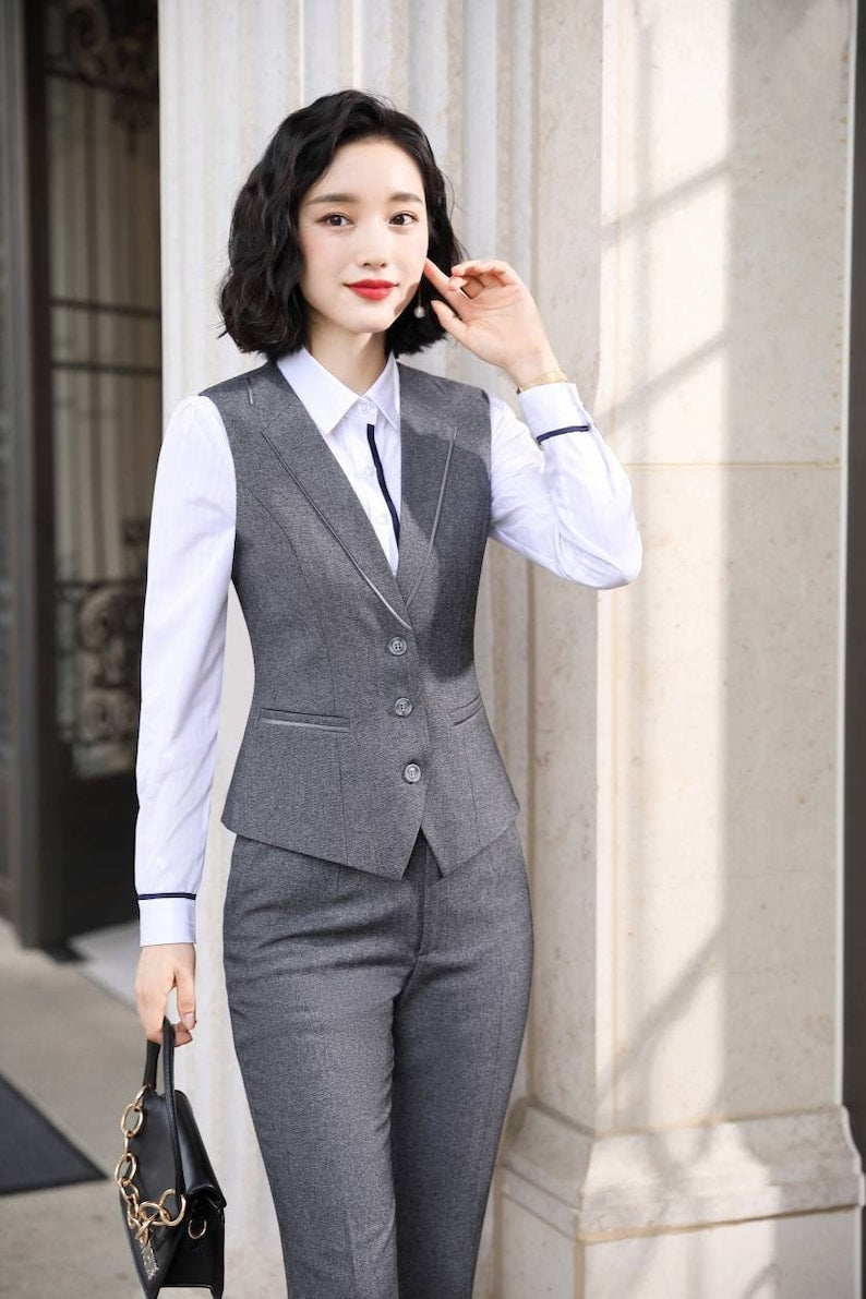 Trajes de tres piezas en gris liso, trajes de pantalón gris con blazer y chaleco, trajes de oficina para mujer, trajes de boda para mujer 