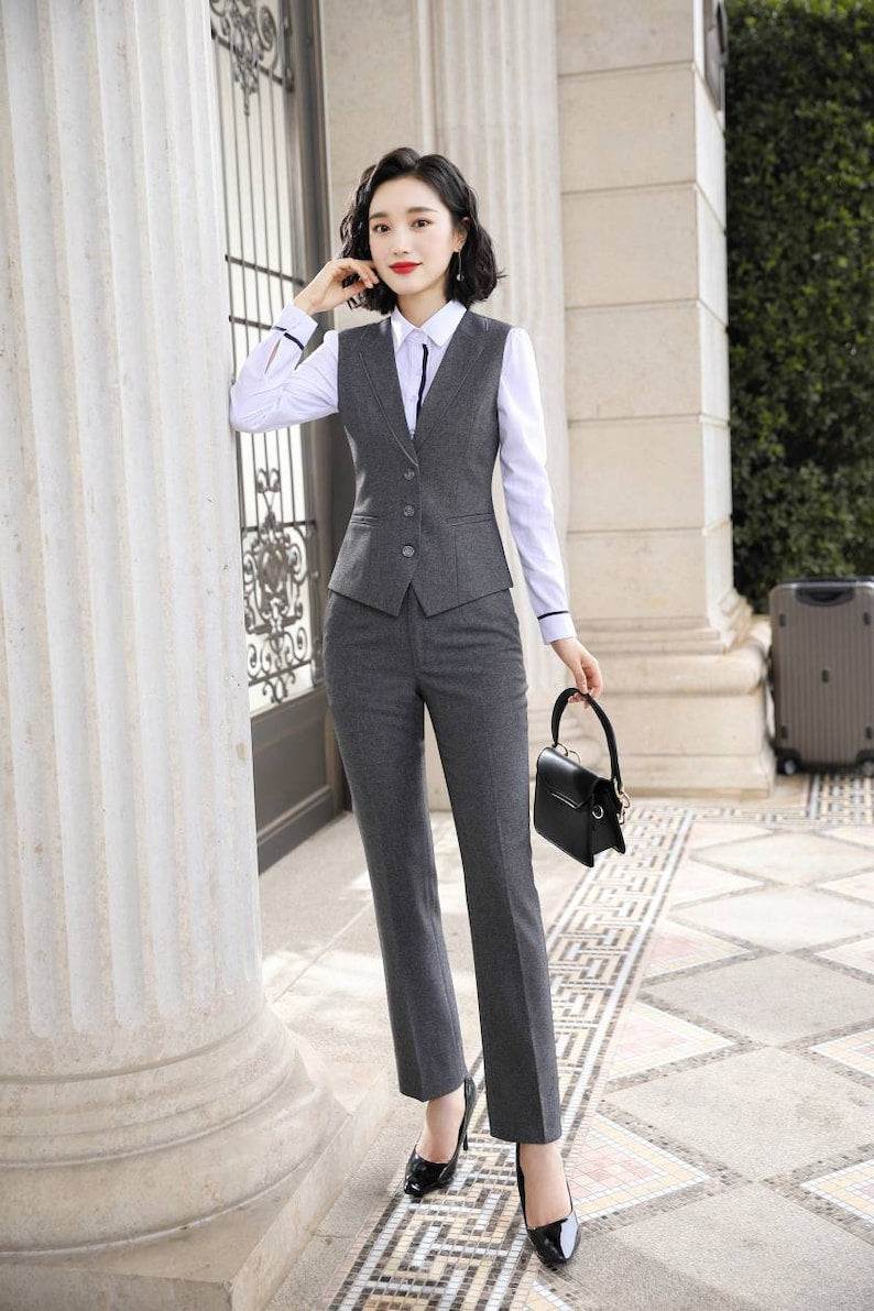 Trajes de tres piezas en gris liso, trajes de pantalón gris con blazer y chaleco, trajes de oficina para mujer, trajes de boda para mujer 
