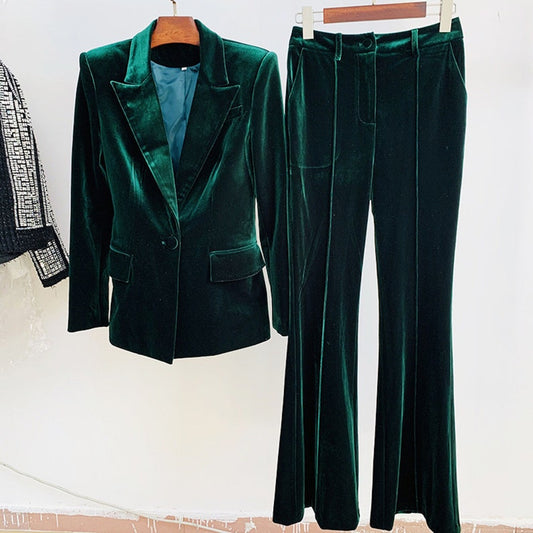 Women Velvet Brown Green Purple Blazer + Mid-High Rise Flare Trousers Pants Suit, Wedding Suit, Graduation, Speech Day, Birthday Party