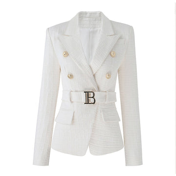 Women's Golden Buttons Maze Pattern Fitted Belted Blazer Jacket Cream/ Black/ Pink/ Beige