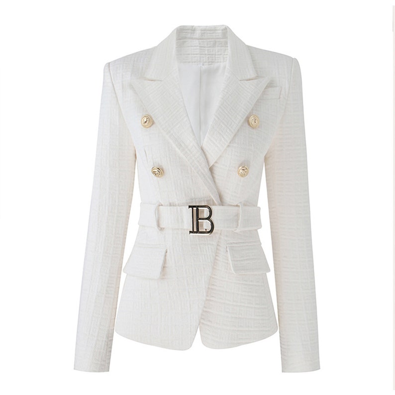 Veste blazer ajustée à ceinture et boutons dorés pour femme, motif labyrinthe, couleur crème/noir/rose/beige 