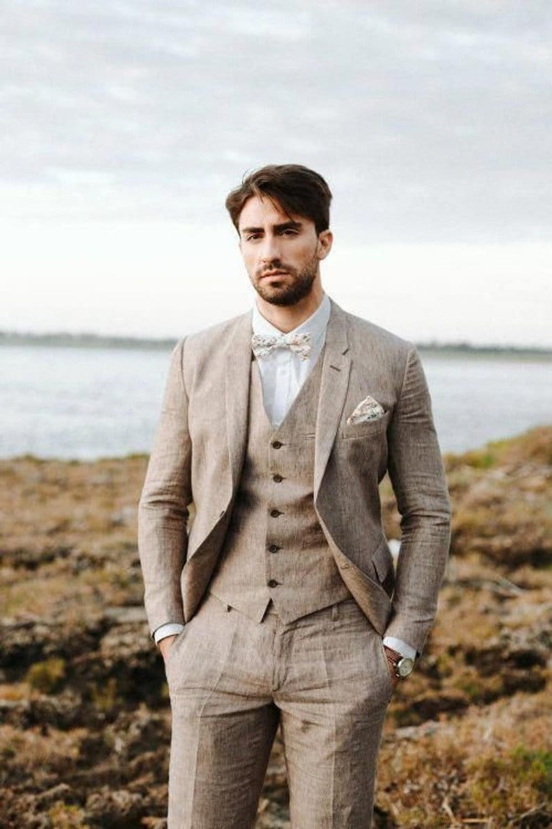 Traje de lino de 3 piezas para boda en la playa, para hombre, para novio, para boda, graduación, abrigo y pantalón, para padrinos de boda, para verano.