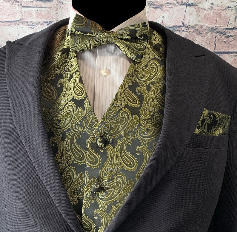 Olive Green Paisley Men's Vest Pre-tied bow tie and Pocket Square 3pcs Set for all formal or casual Prom Wedding Party