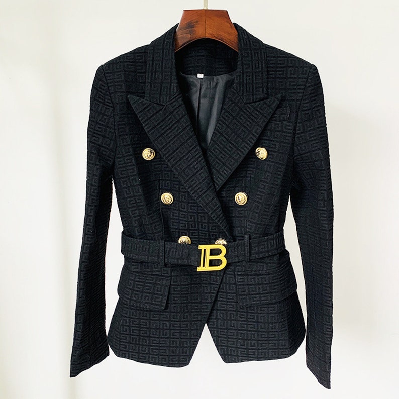 Veste blazer ajustée à ceinture et boutons dorés pour femme, motif labyrinthe, couleur crème/noir/rose/beige 