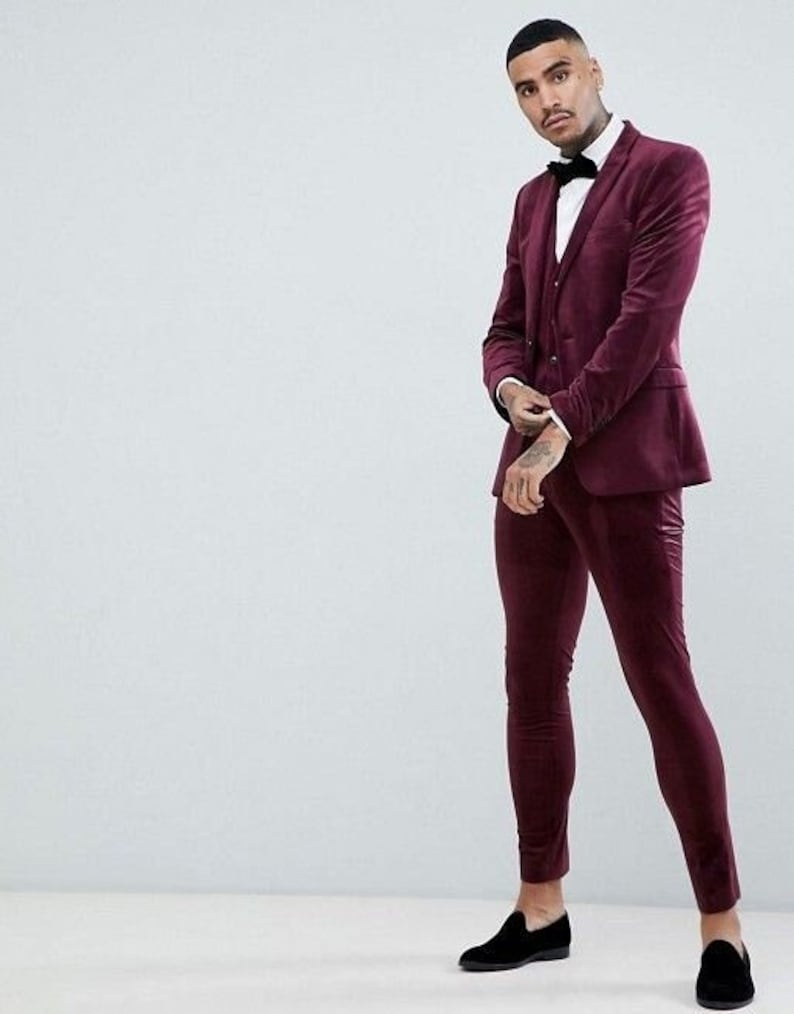 Traje de novio para hombre, traje de terciopelo granate de 3 piezas, traje de boda para playa, trajes de novio, traje de boda, traje de terciopelo para hombre, traje de cóctel.