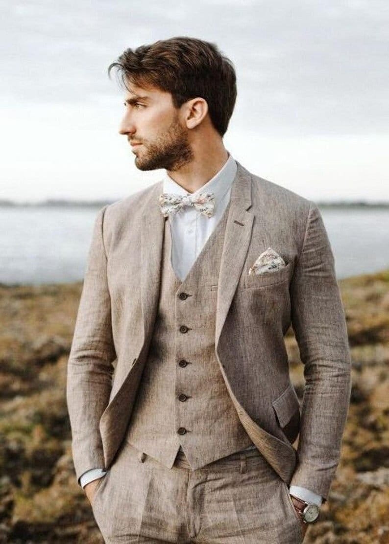 Traje de lino de 3 piezas para boda en la playa, para hombre, para novio, para boda, graduación, abrigo y pantalón, para padrinos de boda, para verano.